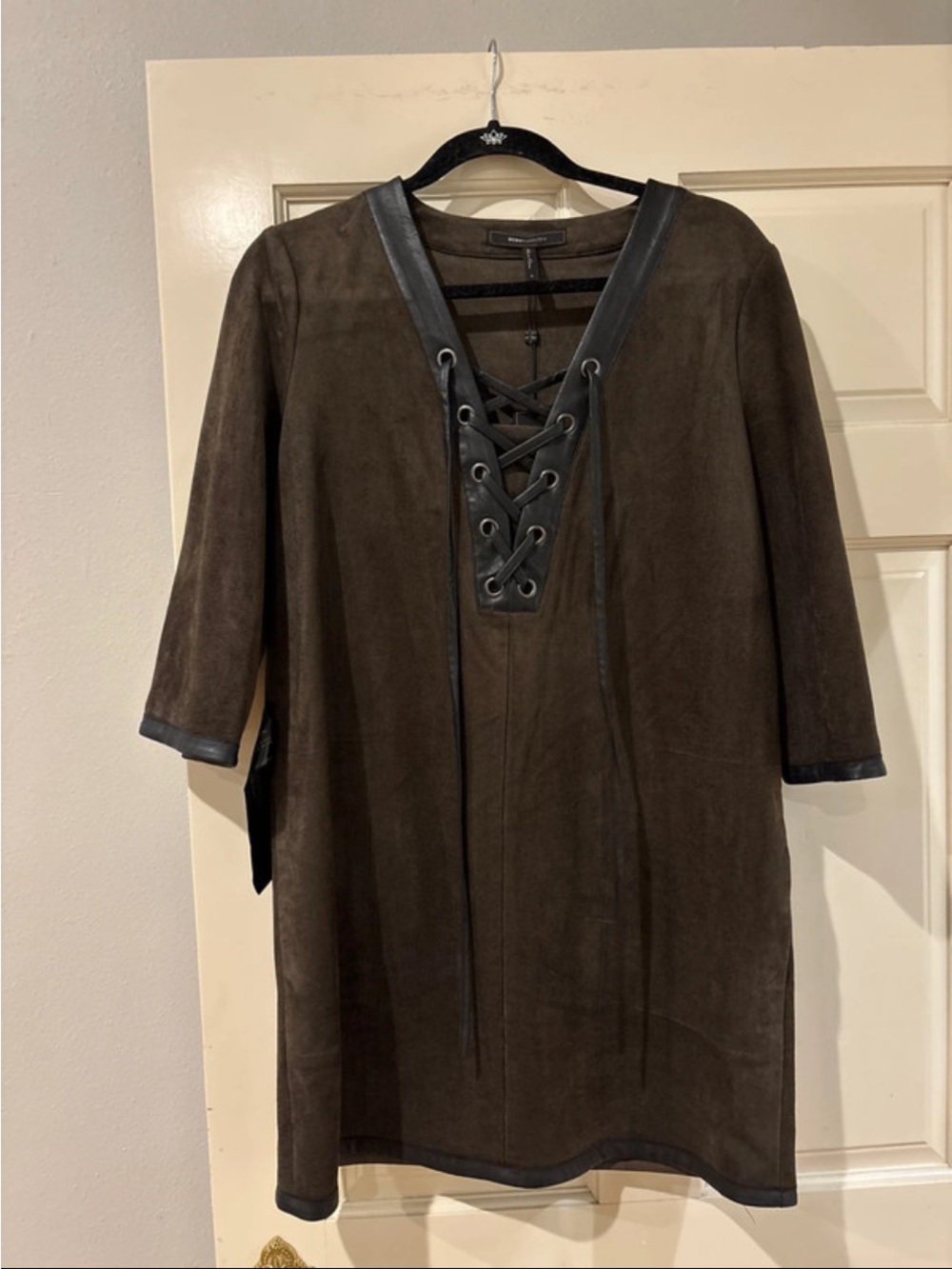 BCBGMaxAzria Brown Suede Lace-Up Shift Dress